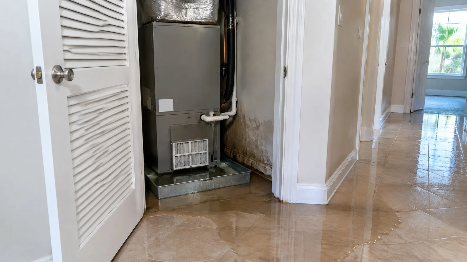 Water pooled under an indoor air handler with an overflowing drain pan in a Florida AC closet