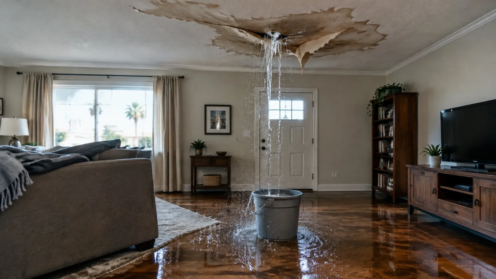 Water pouring through a stained, sagging ceiling into a bucket in a living room
