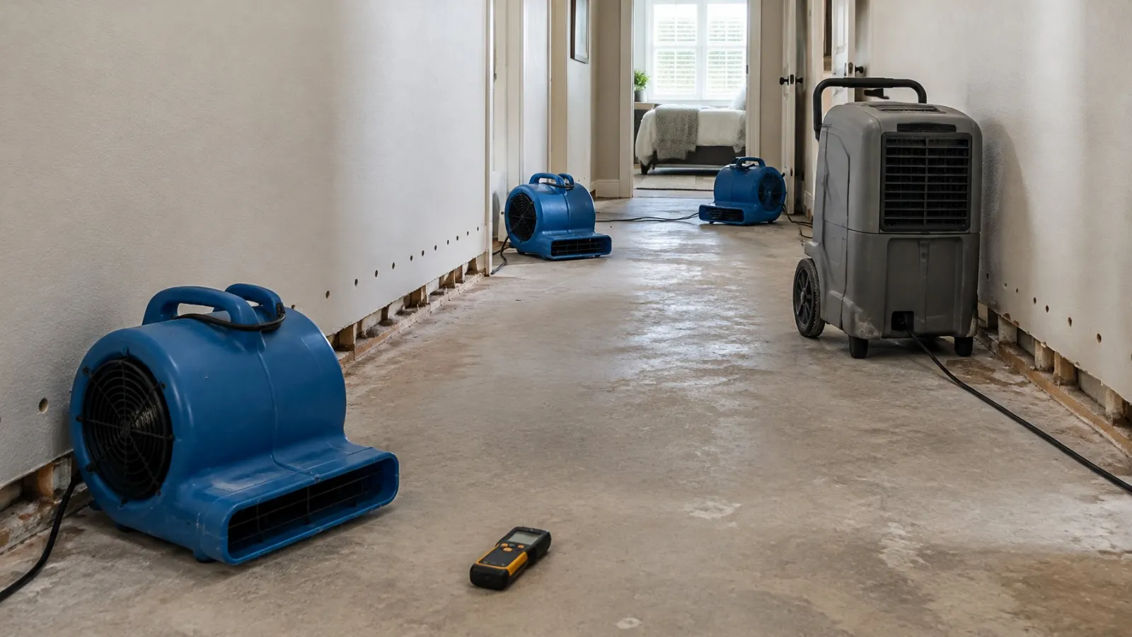 Air movers and a dehumidifier drying a hallway with the baseboards removed