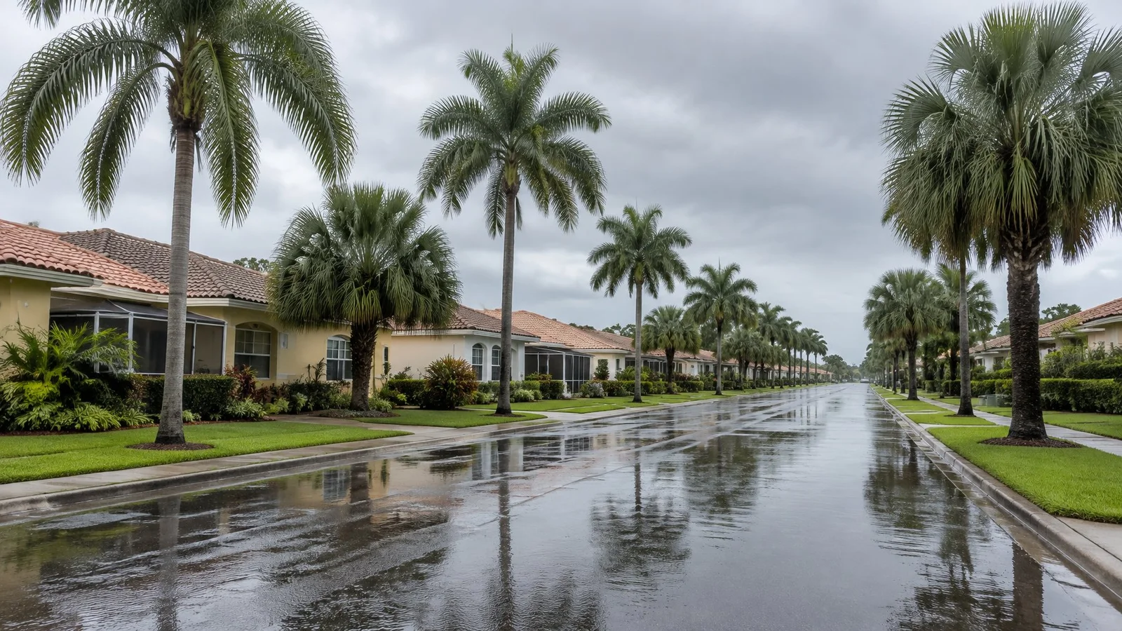 Standing water at the curb of a flat Pembroke Pines street of single-storey stucco homes with barrel-tile roofs after a tropical downpour