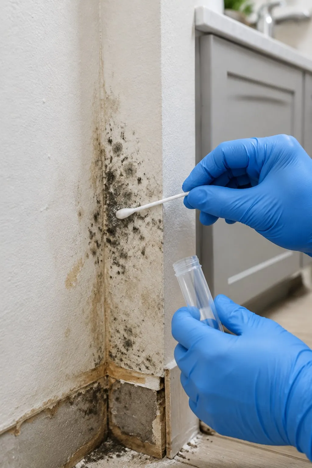 Gloved hands swabbing mold on a water-stained wall corner