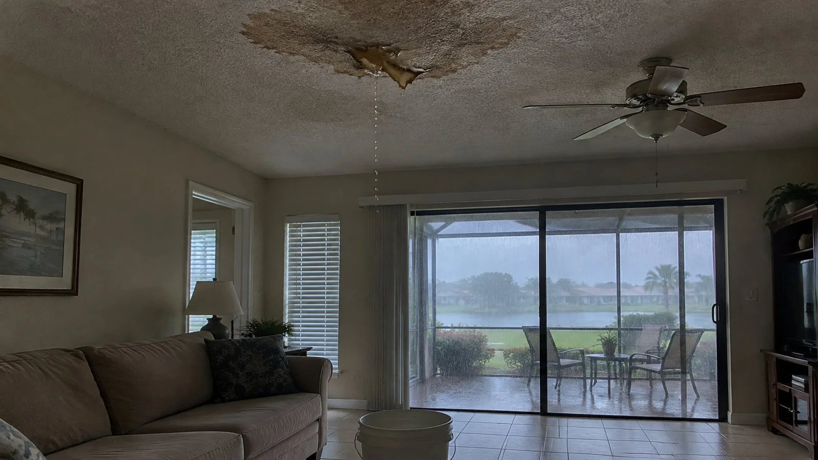 Water dripping from a stained, sagging popcorn ceiling into a bucket during a rainstorm