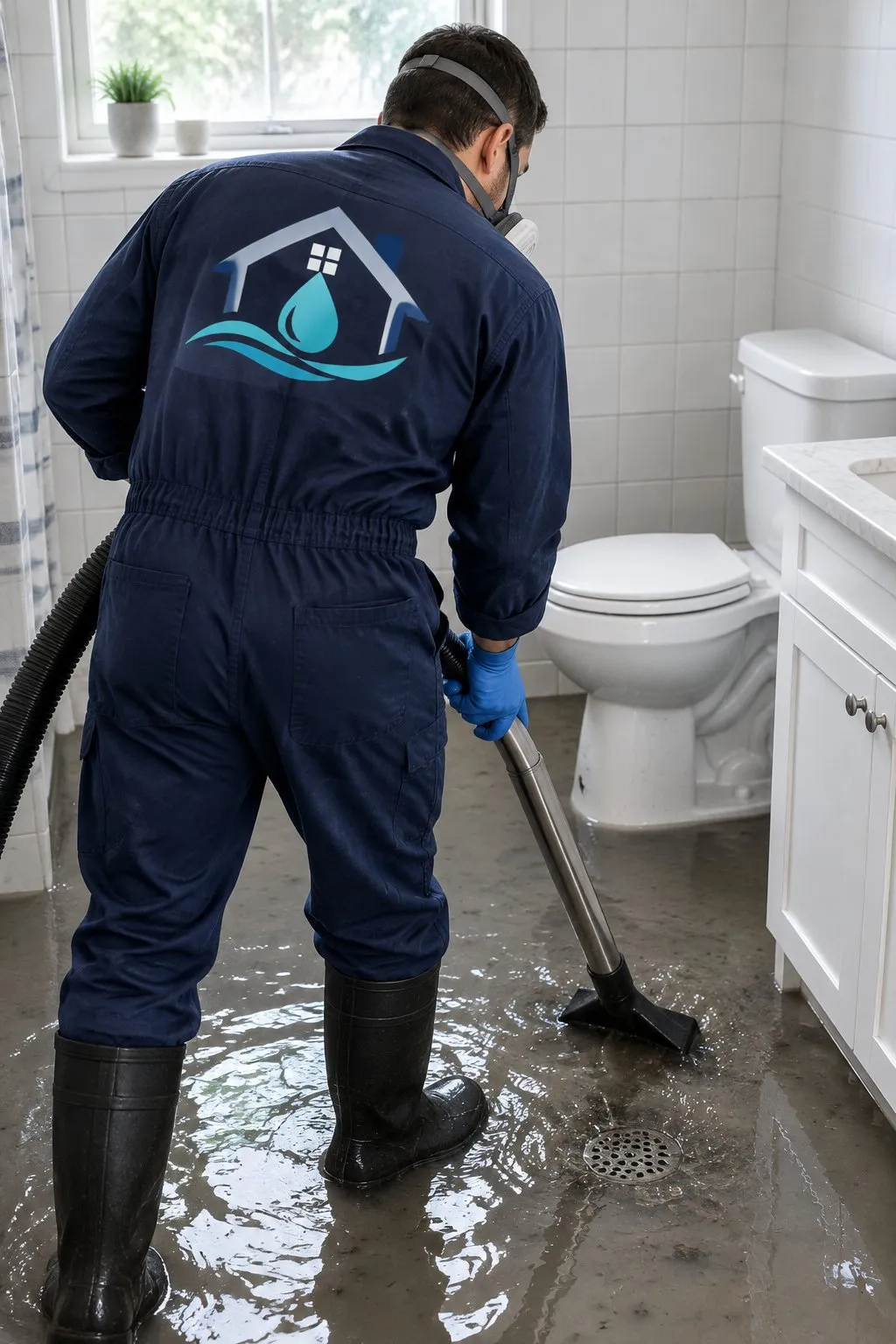 Technician in coveralls and a respirator extracting dirty water around a bathroom floor drain
