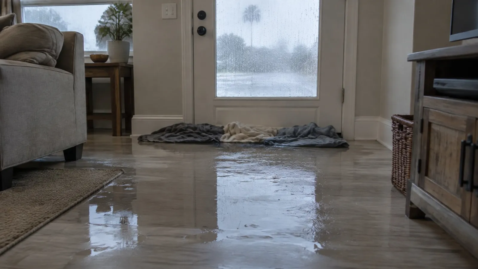 Rainwater seeping under a front door across a living-room floor during a storm