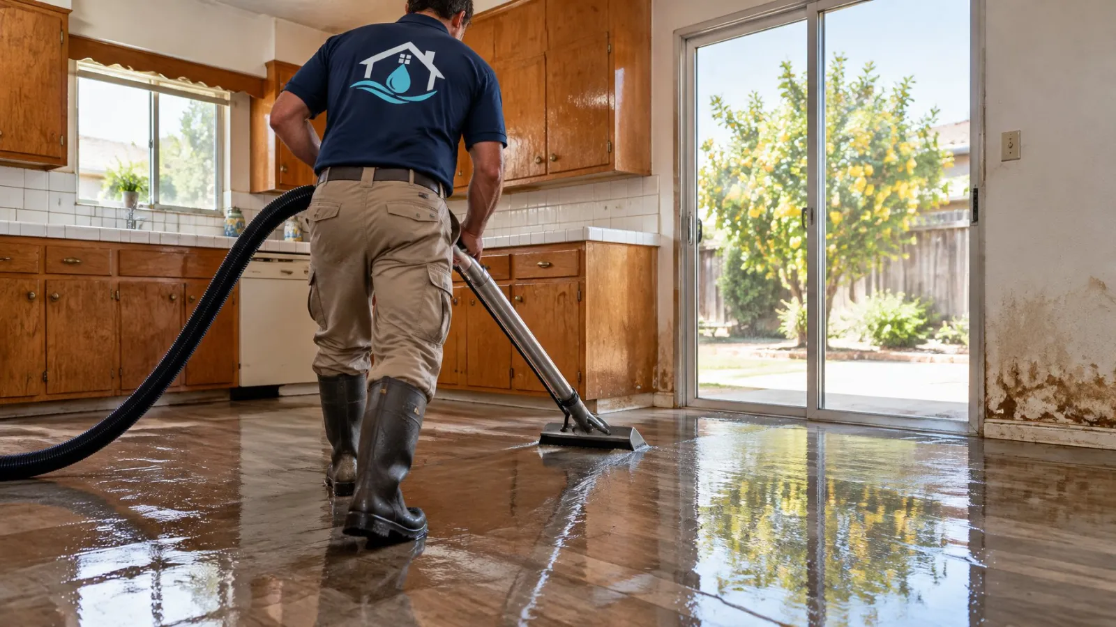 Technician seen from behind extracting water from a flooded kitchen floor