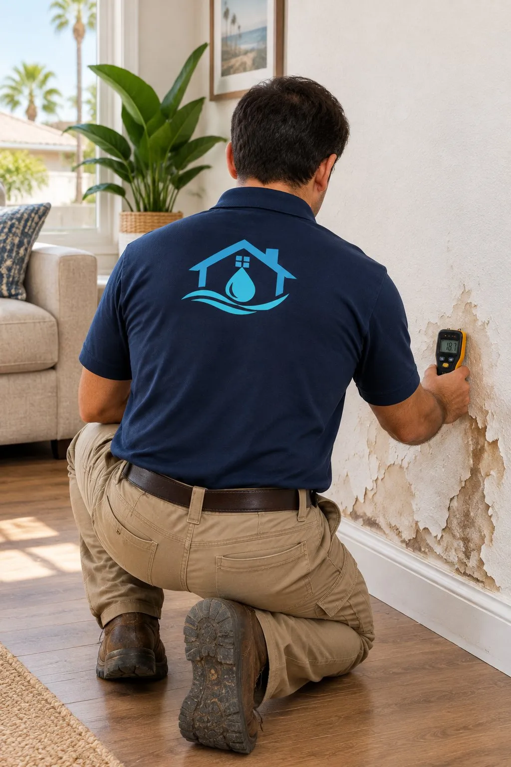 Technician checking a stained wall above the baseboard with a moisture meter
