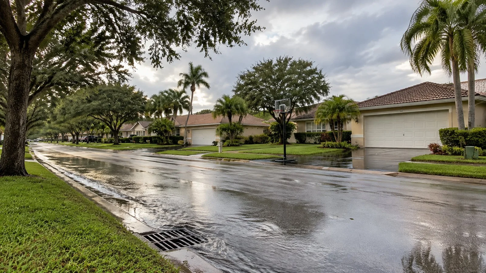 Rainwater running along the gutter of a quiet Cooper City street of 1970s and 1980s single-family homes