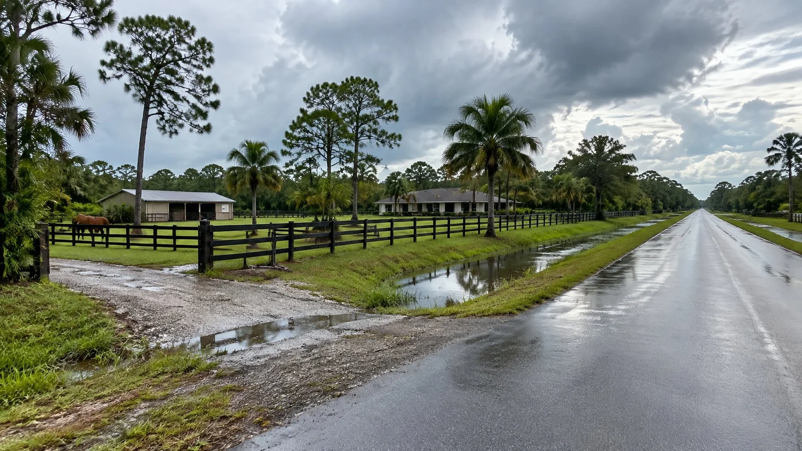 Large Davie lot with ranch fencing, a horse paddock and a rain-filled swale under storm clouds