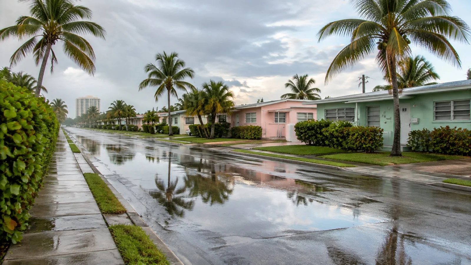 Older pastel concrete-block homes on a wet Hollywood, Florida street after a summer storm, condo tower in the distance